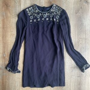 French Connection Embellished mini Dress US 4 Navy Beaded Long Sleeve boho